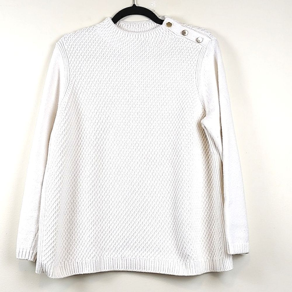 Talbot's Ivory Mixed Knit Gold Button Funnel Neck Sweater Top Size PL